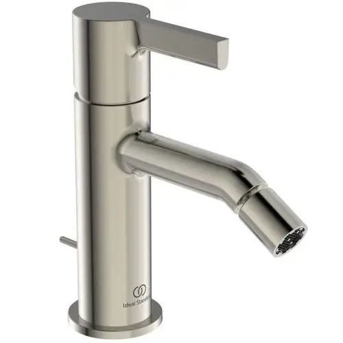 Bidetarmatur aus verchromtem Metall mit einem schwenkbaren Auslauf und einem Einhebelgriff; Ideal Standard-Logo am Sockel sichtbar.